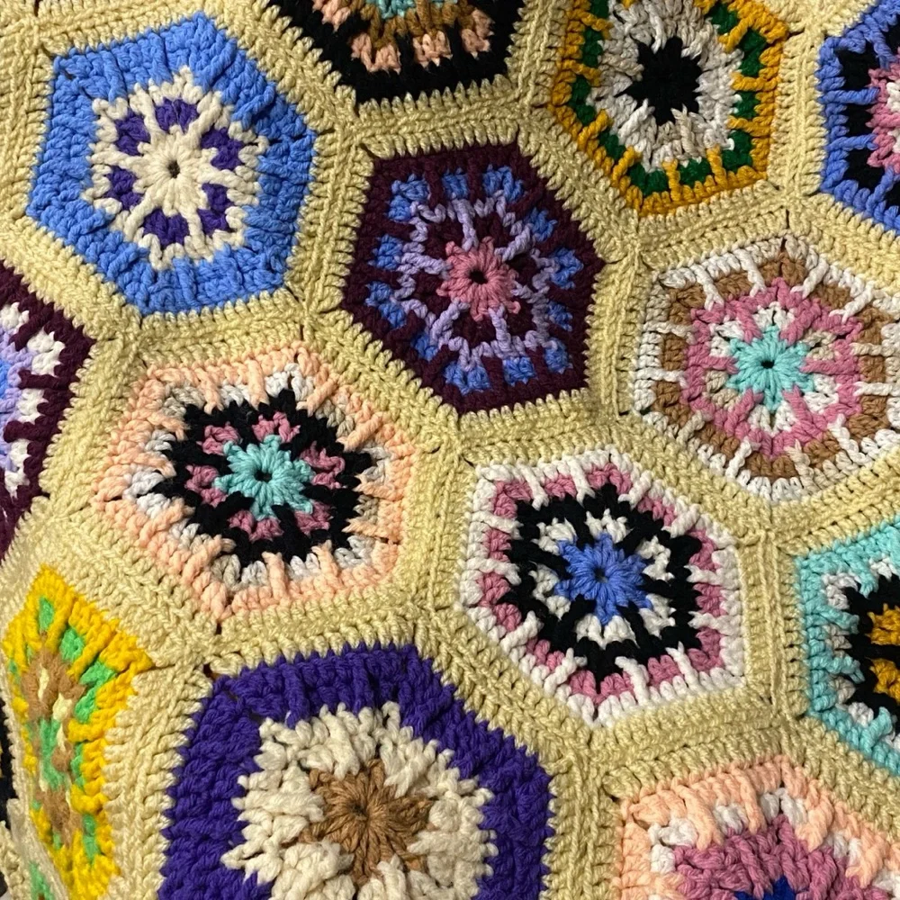 Handmade Multicolor Crochet granny hexagon square throw blanket 50 x 64
